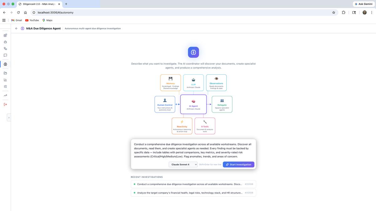 DiligenceAI investigation view with per-workstream specialist agents