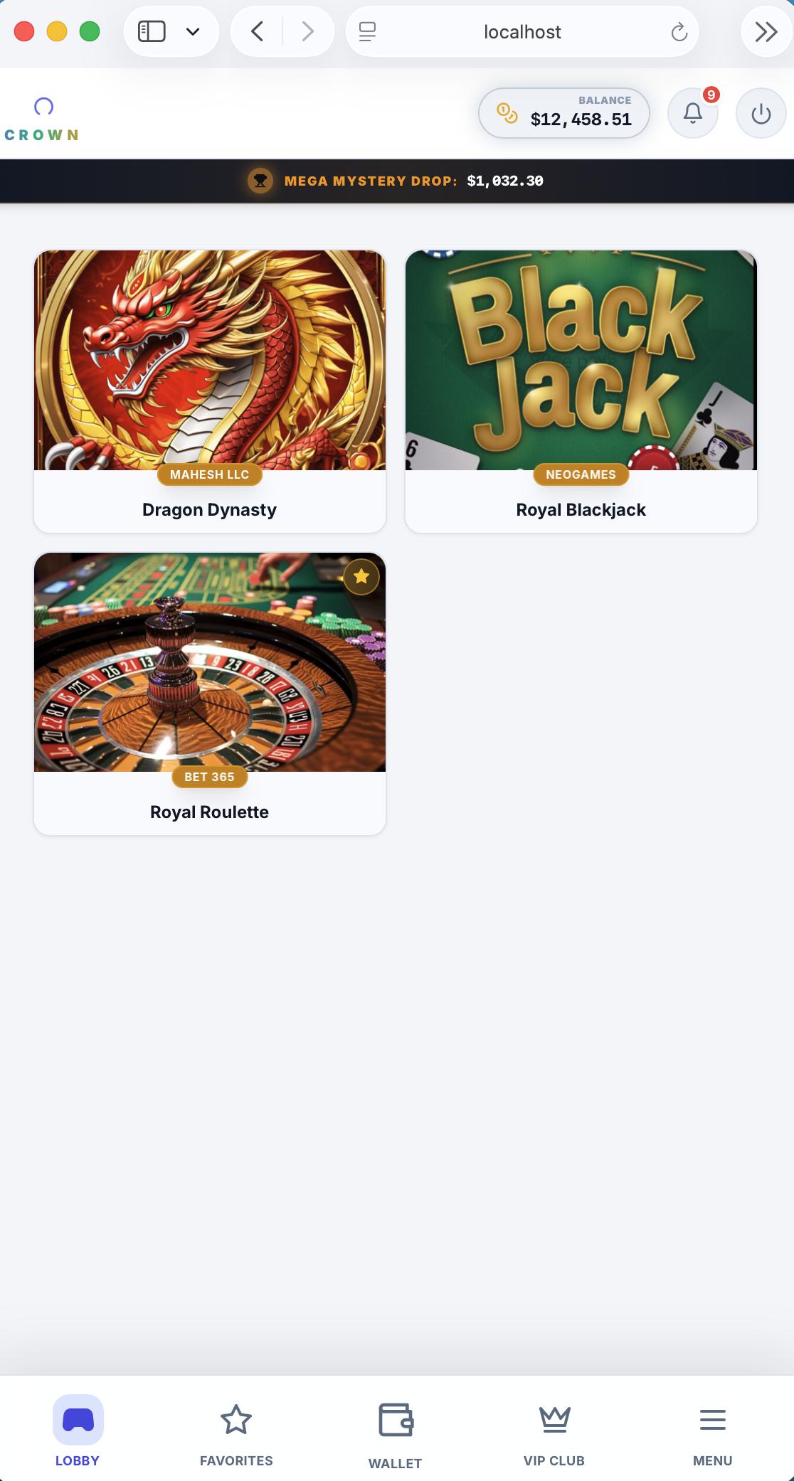 iGaming Platform player lobby showing Dragon Dynasty, Royal Blackjack, and Royal Roulette